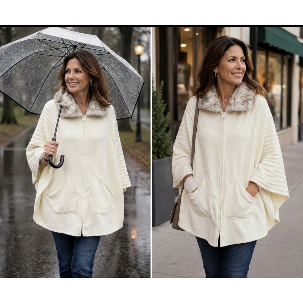 Le Moda JJ Winter White Faux Fur Trim Poncho Wrap White NWT Pockets Zip Front
